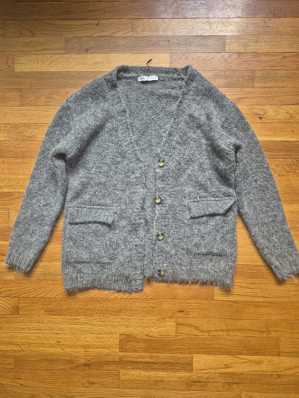 Zara Gray Fuzzy Button-Up Cardigan